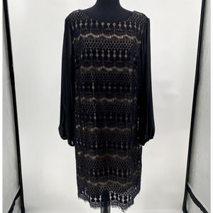 Ronni Nicole Black Lace Long Sleeve Shift Dress w/ Nude Body Lining Size 16
